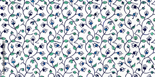 Elegant floral pattern with blue buds and green leaves on white