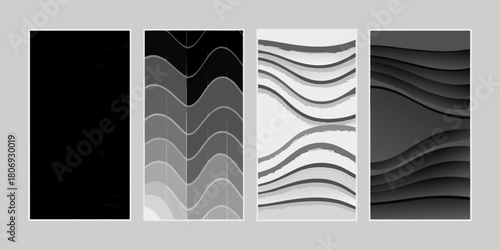 Monochrome abstract wavy patterns in four vertical panels