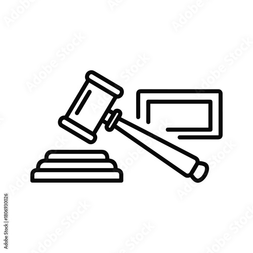 Outline icon of a judge's gavel and sound block, justice system