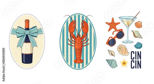 Summer beach icons wine, lobster, cocktail, starfish, shells, sunglasses, and Cin Cin greeting