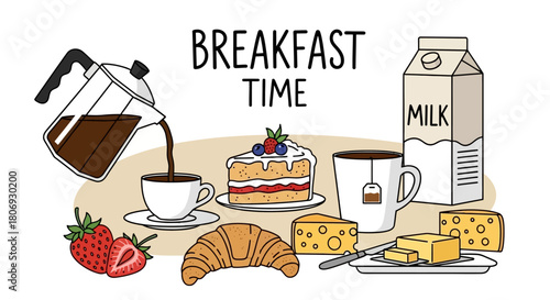 Breakfast Time A Delicious Morning Feast Featuring Coffee, Pastries, and Fresh Produce