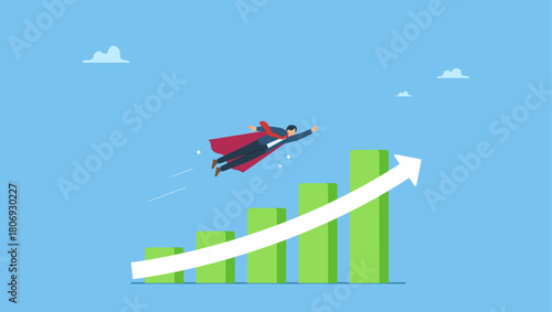 Businessman fly up exponential growth chart. Growth or growing business success, increase sales or career improvement, earn more investment profit or earning, rising up or up trend.