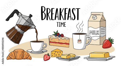 Breakfast Time Illustration Coffee, Pastries, and Dairy Products for a Delicious Morning