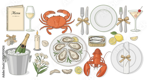 Elegant Seafood Feast Illustration of Gourmet Dishes and Table Settings for Fine Dining Experiences