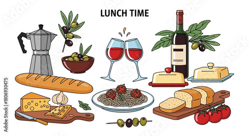 Lunch Time Illustration Featuring Wine, Bread, Cheese, Olives, and Pasta - A Feast!