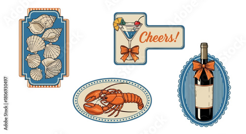Vintage Nautical Food and Drink Icons Lobster, Cocktails, Wine, and Seashells for Design