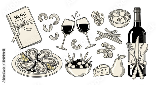 Elegant Menu and Gourmet Meal Elements Wine, Appetizers, and Pasta Illustrations in Monochrome