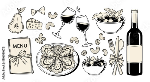 Elegant Restaurant Menu Design Elements Wine, Food, and Decorative Illustrations for Dining