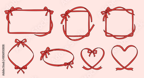 Set of Elegant Red Ribbon Frames and Decorations on a Light Pink Background for Various Design Purposes