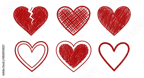 Set of six diverse red heart illustrations for design, expressing love, affection, and emotions