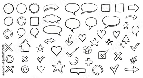 Hand-drawn set of speech bubbles, arrows, hearts, and check marks for design elements