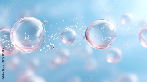 Wallpaper Mural ro view of glowing transparent bubbles exhibiting subtle pink tones and internal air inclusions suspended in a serene airy blue atmosphere with scattered shimmering micro particles Torontodigital.ca