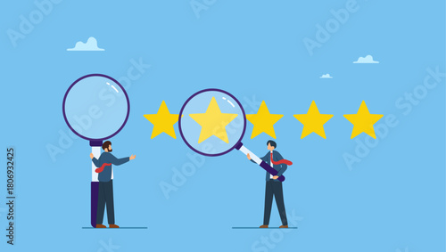 Businessman with magnifying glass with stars quality score. Appraisal, evaluate or assessment for quality or value, property or real estate rating evaluation, analyze employee performance.