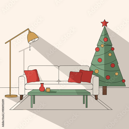 christmas living room with decorated tree for holiday social media, website design, greeting card, or interior decoration blog