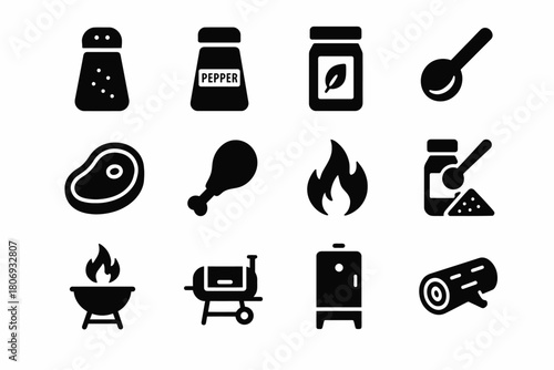 Black icon set: cooking ingredients and bbq tools collection