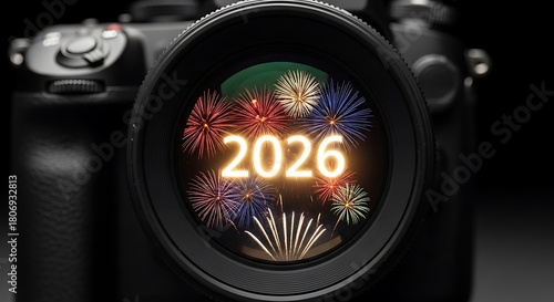 Camera lens captures vibrant fireworks illuminating the glowing year 2026 in a celebratory new year s eve spectacle
