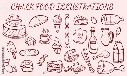 Hand drawn chalk food illustrations. Mediterranean dinner. Wine, champagne tower, charcuterie drawings for wedding invitations, menus, parties. Vector illustration La dolce vita italian sketch style
