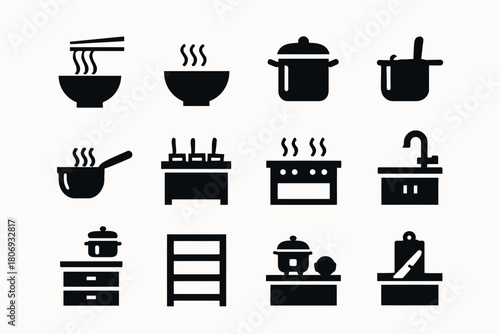 Essential kitchen icons: cookware, utensils and appliances silhouettes