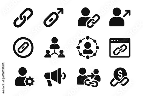 Set of black link icon illustrations for networking and promotion concepts