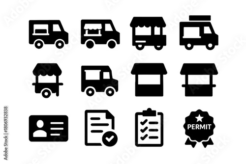 Mobile food truck and stall icons with permit and checklist symbols