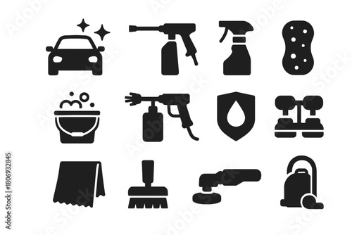 Car cleaning tools and equipment icons for auto detailing and maintenance
