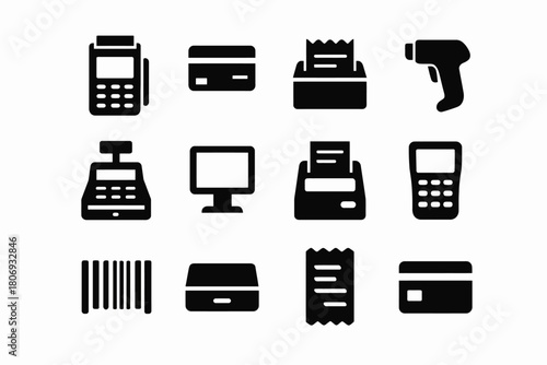 Black and white icons of payment devices and cash registers set