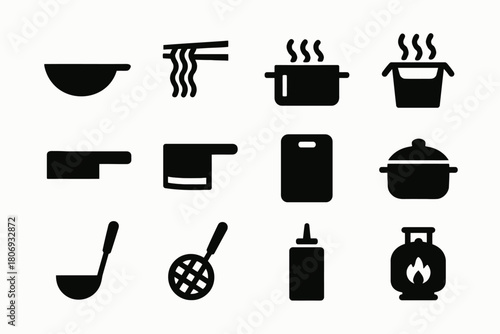 Kitchen utensil silhouettes: bowl, pot, cutting board, ladle, sauce bottle, stove