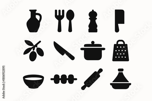 Silhouette kitchen utensils: cutlery, cookware, and kitchen tools set