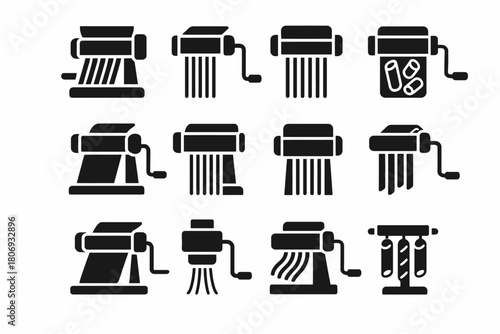 Set of 12 pasta maker icons with different noodle and pasta cutter designs