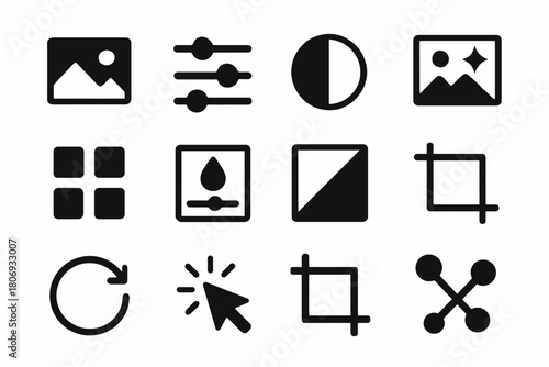 Graphic design icon set: adjustment, cropping, image editing tools