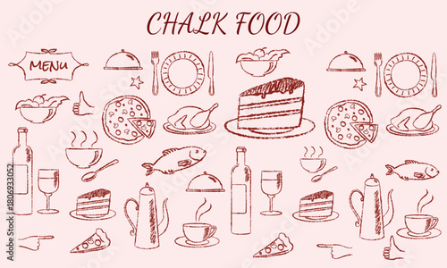 Hand drawn chalk food illustrations. Mediterranean dinner. Wine, champagne tower, charcuterie drawings for wedding invitations, menus, parties. Vector illustration La dolce vita italian sketch style
