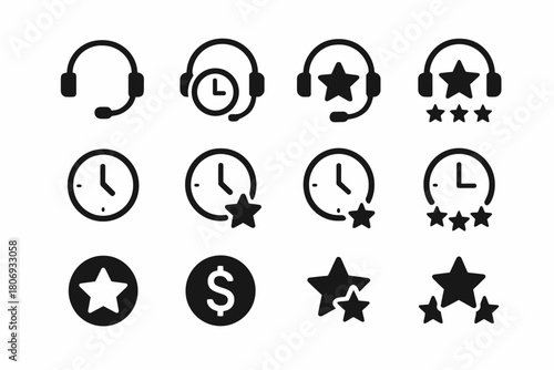 Customer support and rating icon set with headset, clock, star, dollar sign elements