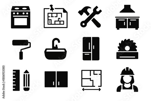 Home renovation icons: tools, appliances, plans, and construction