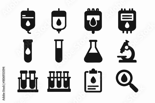 Medical icons set: blood bags, test tubes, microscope, lab equipment
