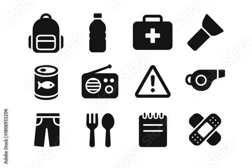 Emergency survival kit essentials icons: backpack, water, first aid, and more
