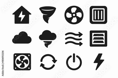 Weather and energy icons: tornado, power, ventilation, cloud, fan, airflow, lightning, refresh, grid