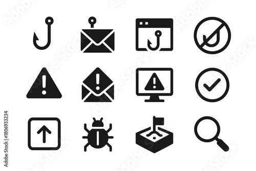 Cybersecurity icon set: phishing, email, bug, warning signs, and protection