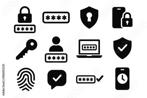 Security icons collection featuring passwords, locks, keys, and shields