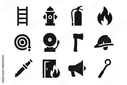 Fire safety icons set: extinguisher, fire hose, alarm, hydrant, helmet