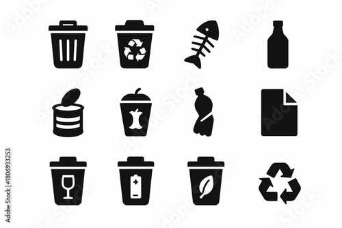 Black and white recycling and waste icons including trash bins and symbols