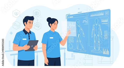 Healthcare professionals utilizing innovative medical technology for human anatomy analysis