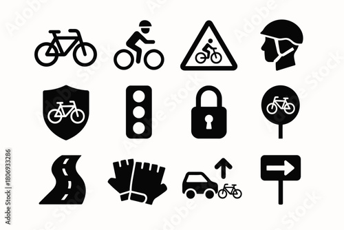 Bicycle safety icons: helmet, signage, traffic light, lock, route