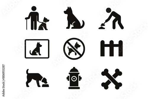 Dog icon set: training, feeding, and prohibition symbols
