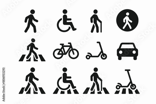 Pedestrian and mobility icons: wheelchair, scooter, bicycle, walking, crosswalk, car symbols