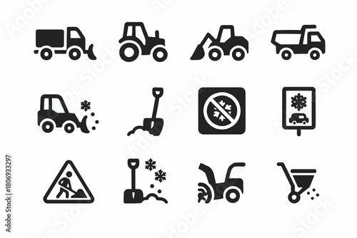 Set of winter road maintenance icons featuring trucks and snow removal tools