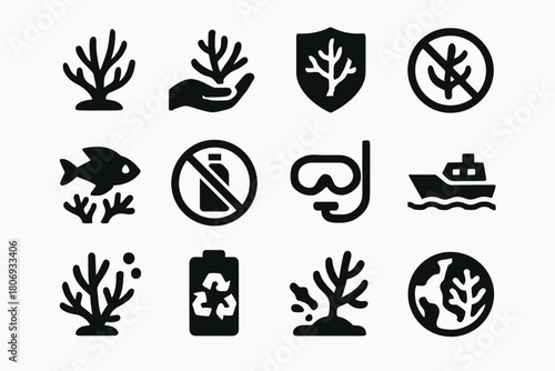 Coral conservation icons: protecting ocean life and preventing pollution