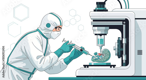Illustration depicting an advanced biotechnological procedure involving human organ repair