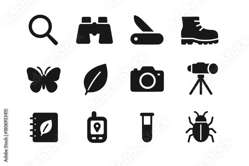 Outdoor adventure icons: magnifying glass, binoculars, boots, butterfly, leaf, camera, telescope, notebook, gps, test tube, bug
