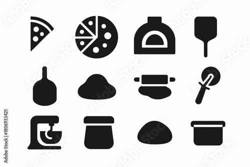 Pizza making icons: oven, dough, pizza cutter, and kitchen tools silhouettes