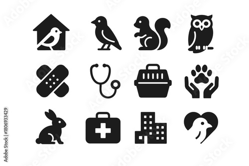 Animal care icons: bird, squirrel, rabbit, medical, shelter, owl, vet, hospital